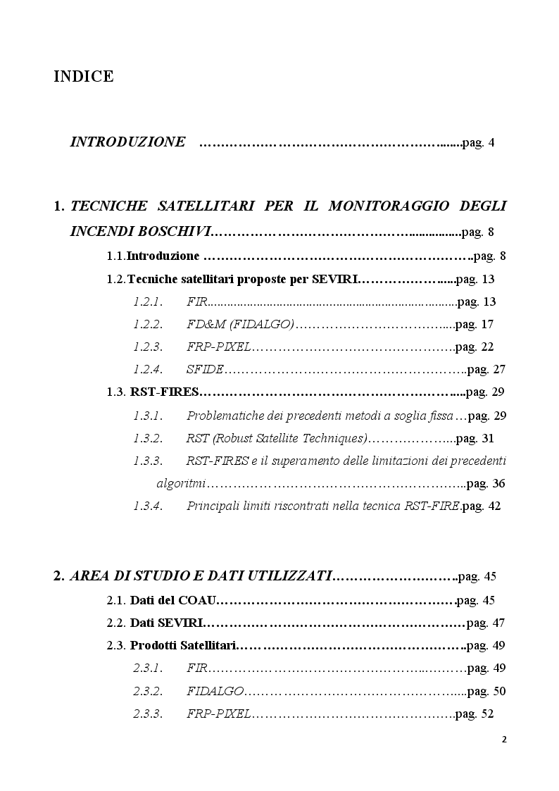 Indice della tesi: Miglioramento e Validazione della Metodologia RST-FIRES per i grandi incendi, Pagina 1