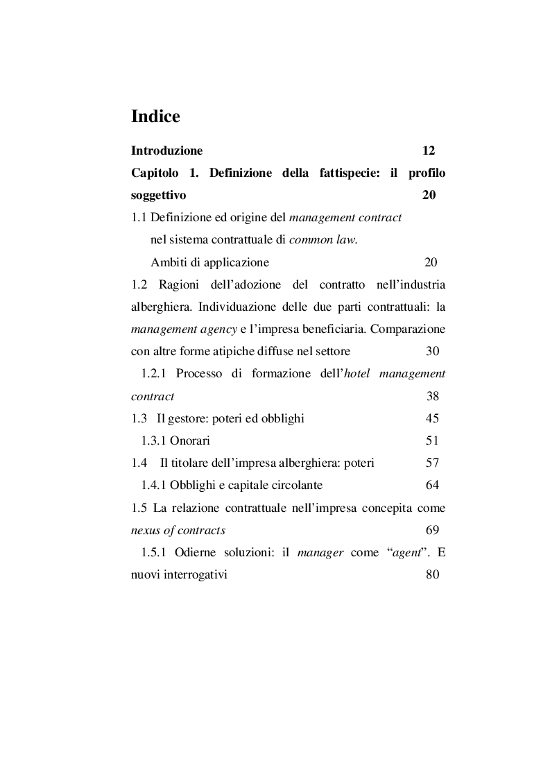 Indice della tesi: Il contratto di management alberghiero. Dalla comparazione alla fattispecie., Pagina 1