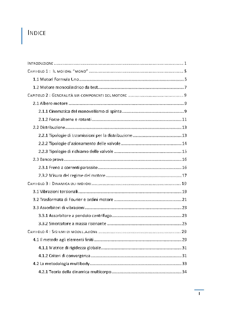 Indice della tesi: Modellazione multibody e analisi dinamica di motori monocilindrici, Pagina 1