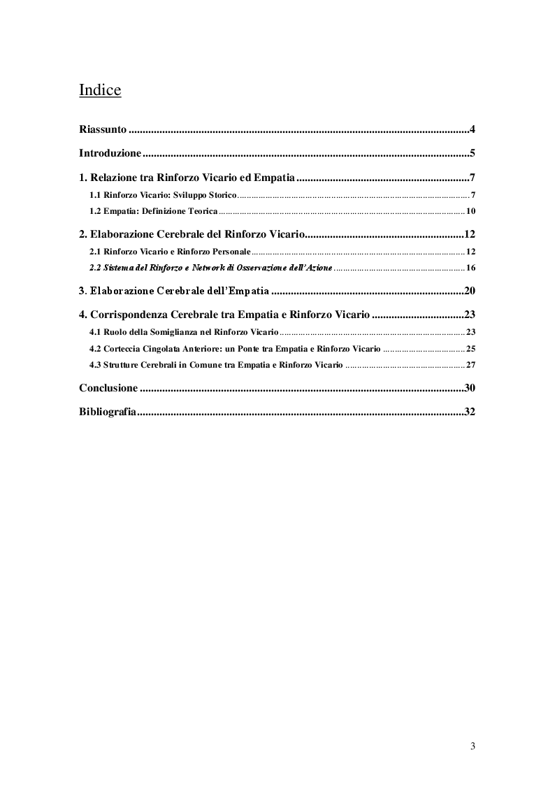 Indice della tesi: Rinforzo vicario: strutture cerebrali correlate e relazione con empatia, Pagina 1