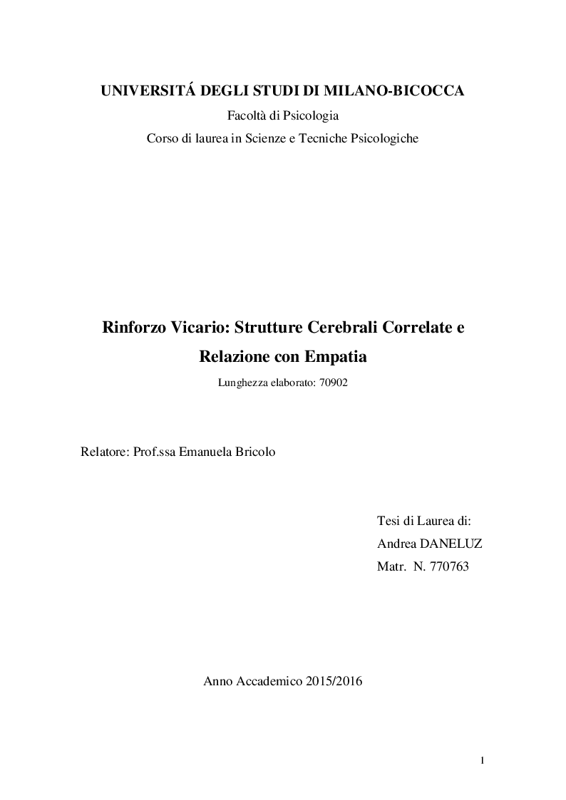 Anteprima della tesi: Rinforzo vicario: strutture cerebrali correlate e relazione con empatia, Pagina 1