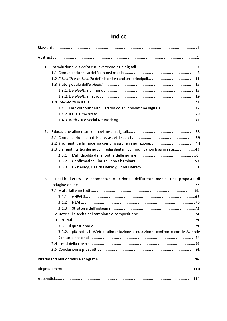 Indice della tesi: Nutritional e-Health e m-Health: rischi ed opportunità dell’educazione alimentare nell’era digitale., Pagina 1