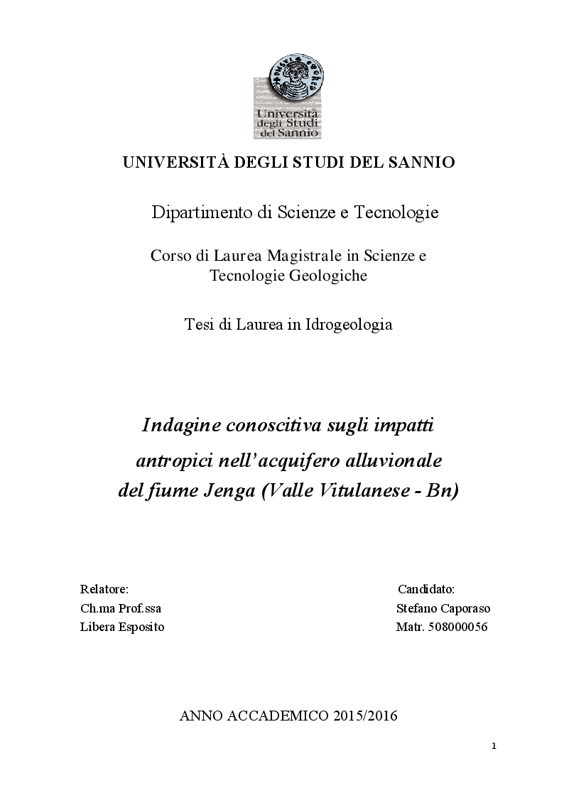 Anteprima della tesi: Indagine conoscitiva sugli impatti antropici nell'acquifero alluvionale del Fiume Jenga (Valle Vitulanese - Bn), Pagina 1