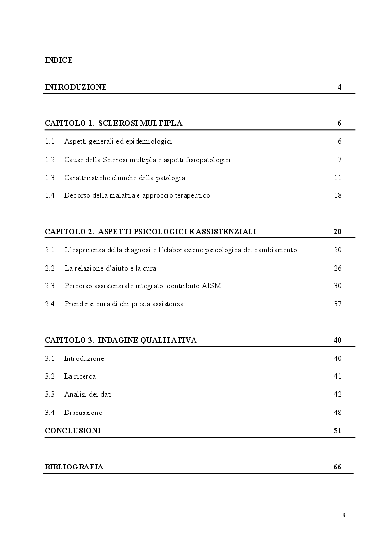 Indice della tesi: Vissuto emotivo dei pazienti con sclerosi multipla, Pagina 1