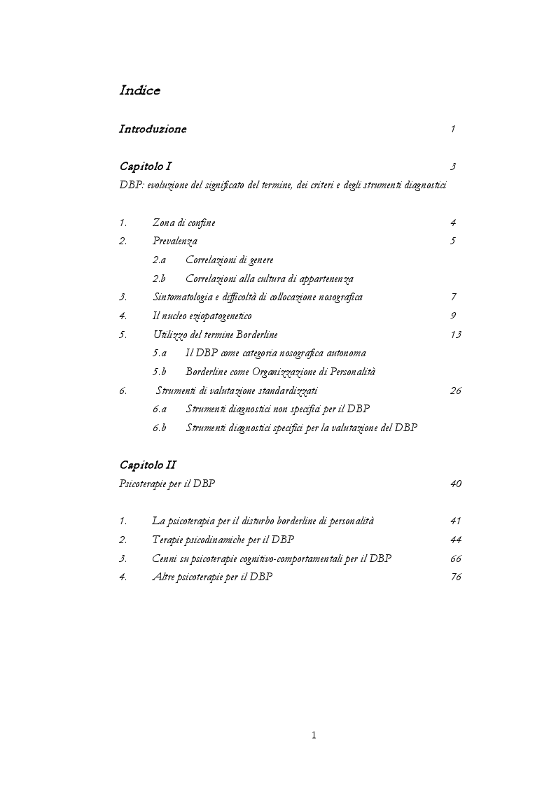 Indice della tesi: Valutazione dell'efficacia del trattamento psicoterapeutico psicodinamico nei pazienti borderline, Pagina 1