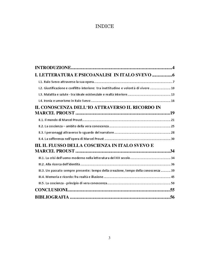 Indice della tesi: Il flusso della coscienza in Italo Svevo e Marcel Proust, Pagina 1
