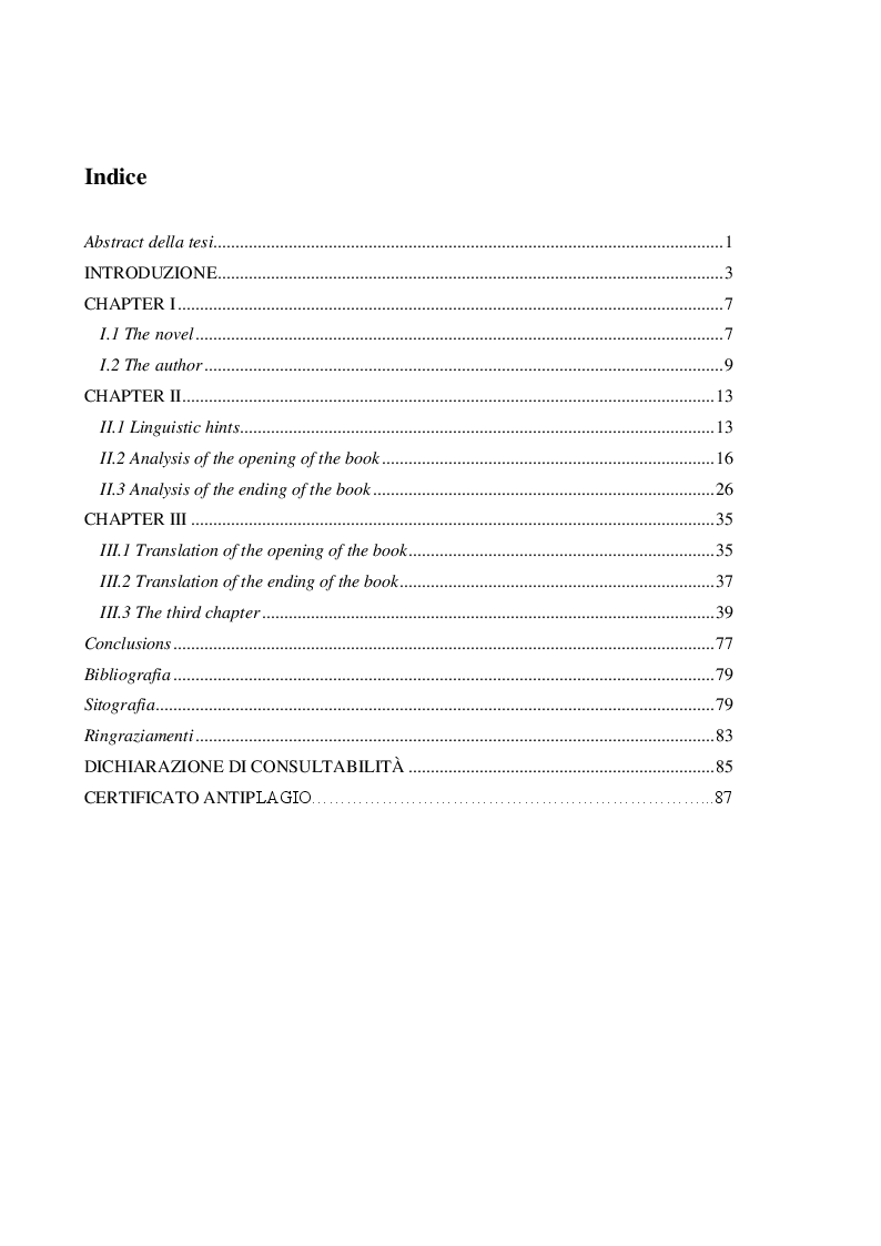 Indice della tesi: Il Grande Gatsby in lingua italiana: analisi comparativa delle traduzioni in italiano e proposta di traduzione, Pagina 1