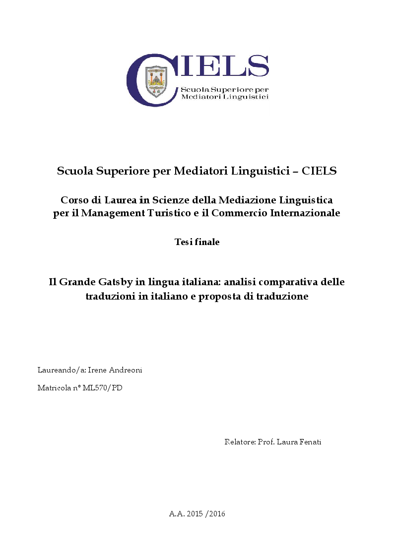 Anteprima della tesi: Il Grande Gatsby in lingua italiana: analisi comparativa delle traduzioni in italiano e proposta di traduzione, Pagina 1
