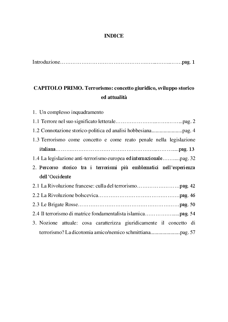 Indice della tesi: I diritti fondamentali di fronte alla minaccia del terrorismo: aporie e possibili soluzioni, Pagina 1
