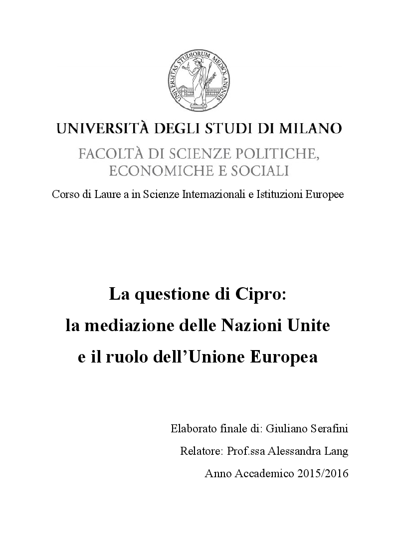 Anteprima della tesi: La questione di Cipro: la mediazione delle Nazioni Unite e il ruolo dell'Unione Europea, Pagina 1
