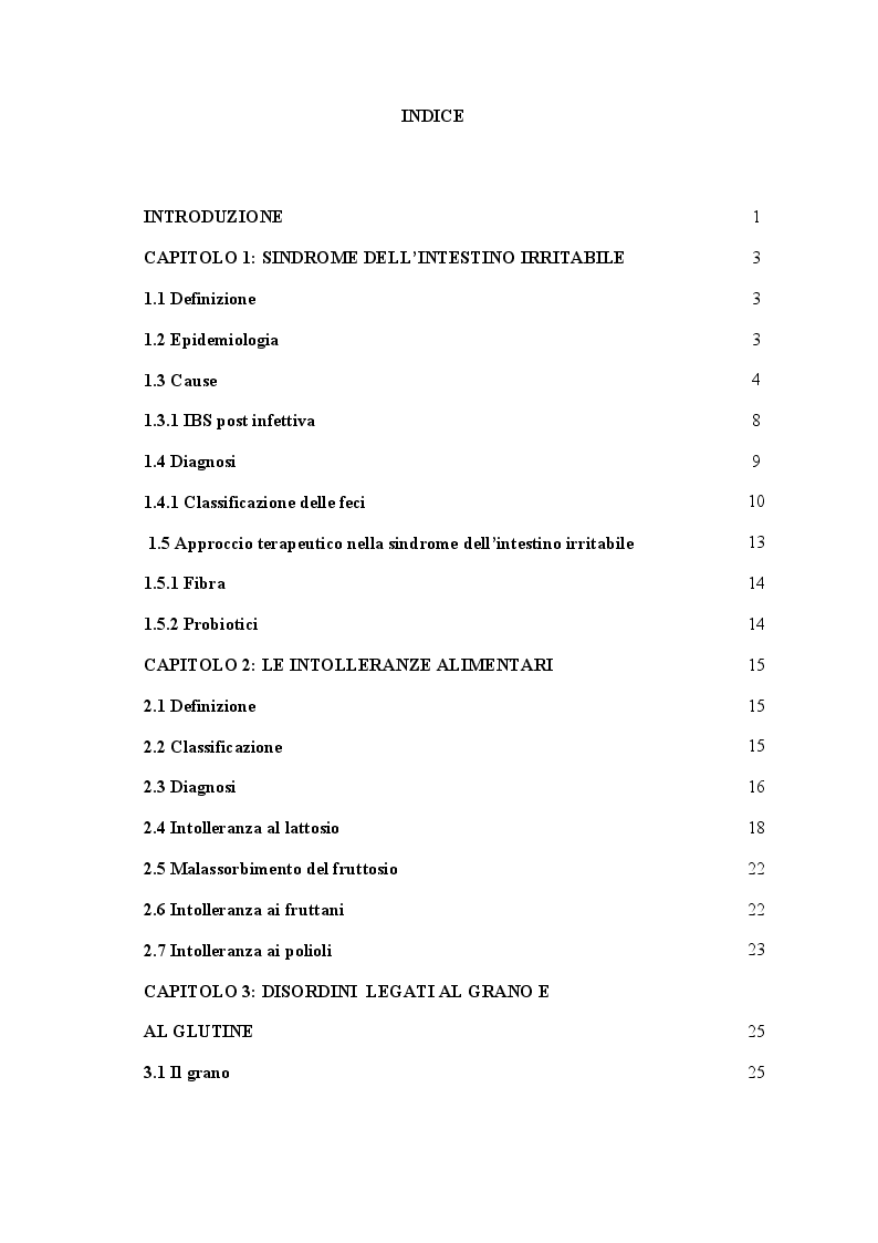 Indice della tesi: Trattamento dietetico nella sindrome dell'intestino irritabile, Pagina 1