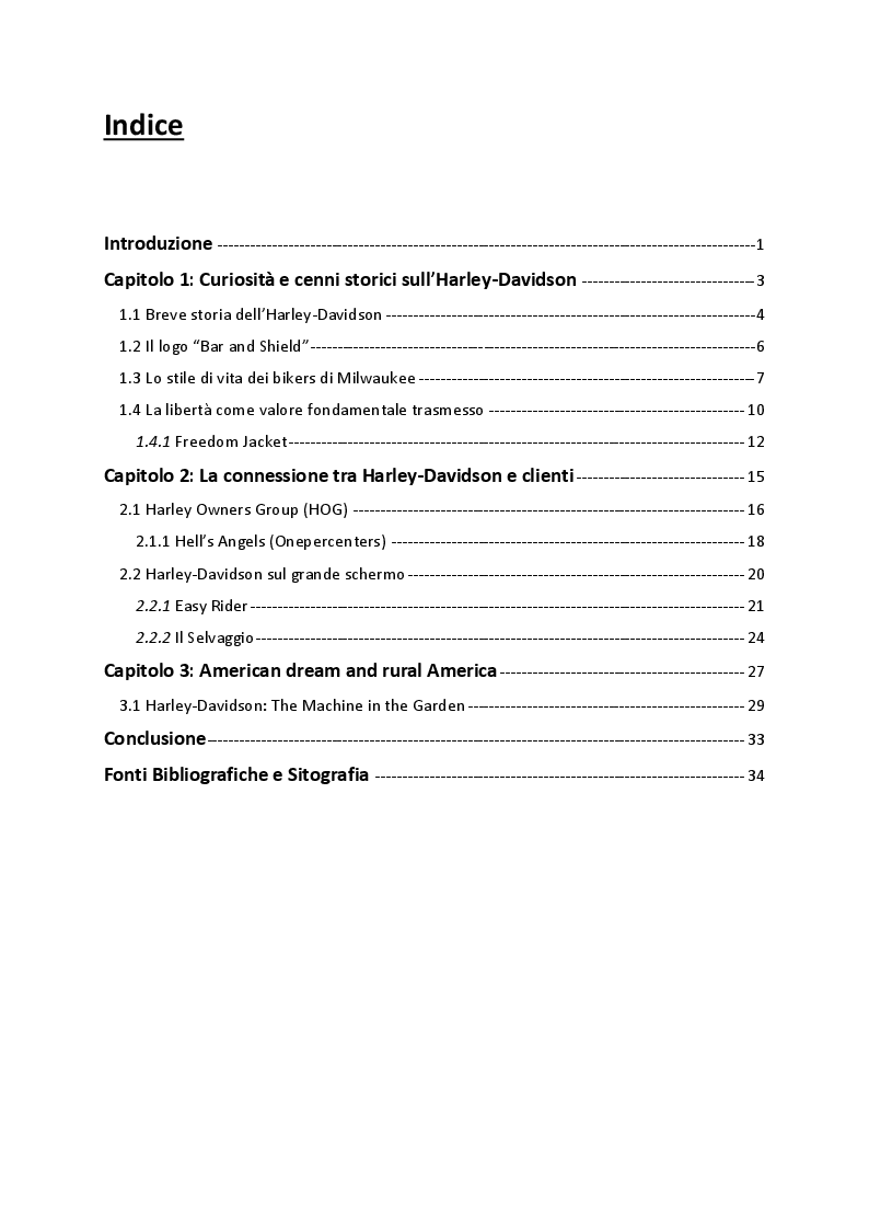 Indice della tesi: Il fenomeno culturale Haley-Davidson. Analisi di un'icona simbolo della società americana., Pagina 1
