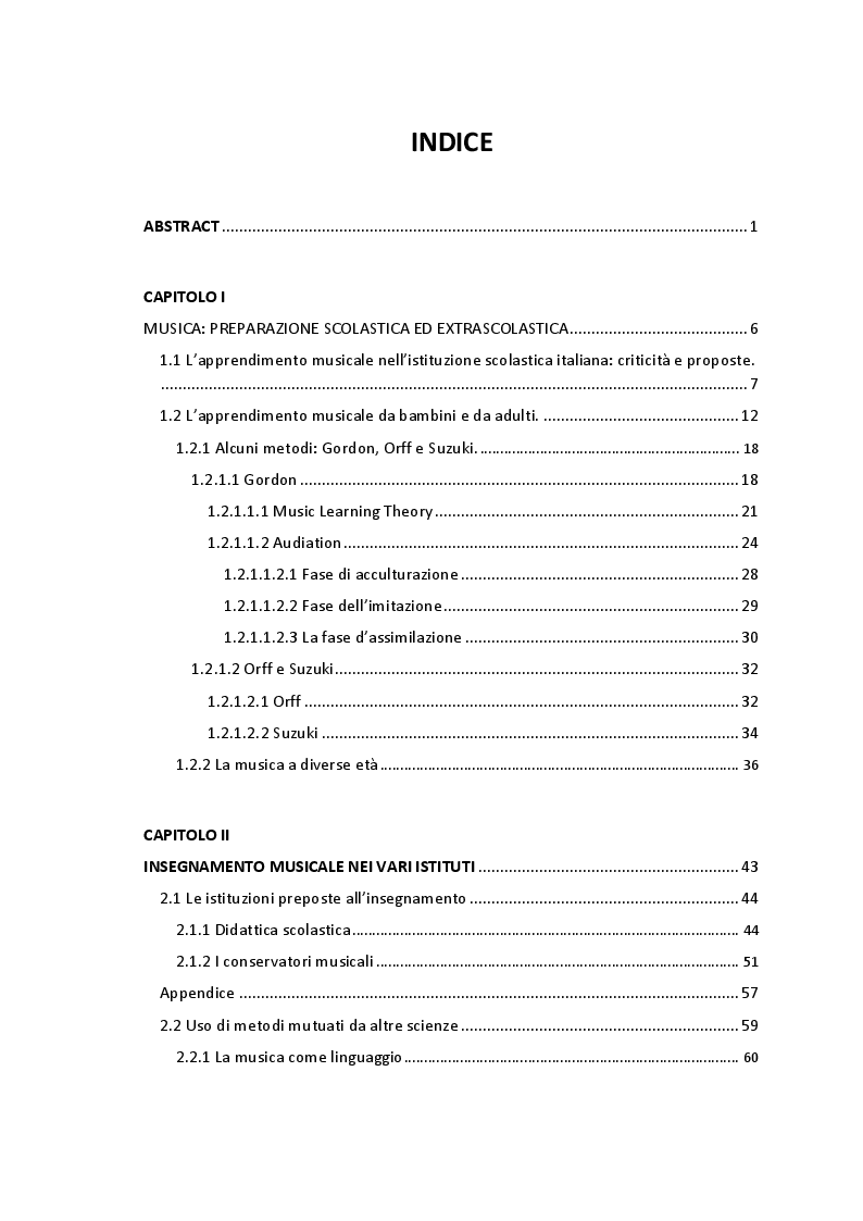 Indice della tesi: L'apprendimento musicale: Aspetti verbali e non verbali, Pagina 1