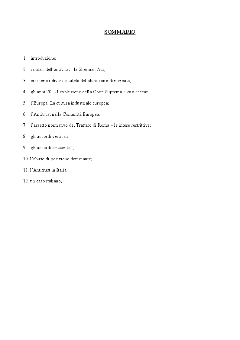 Indice della tesi: Politiche per favorire la competizione per le imprese - l'Antitrust, Pagina 1