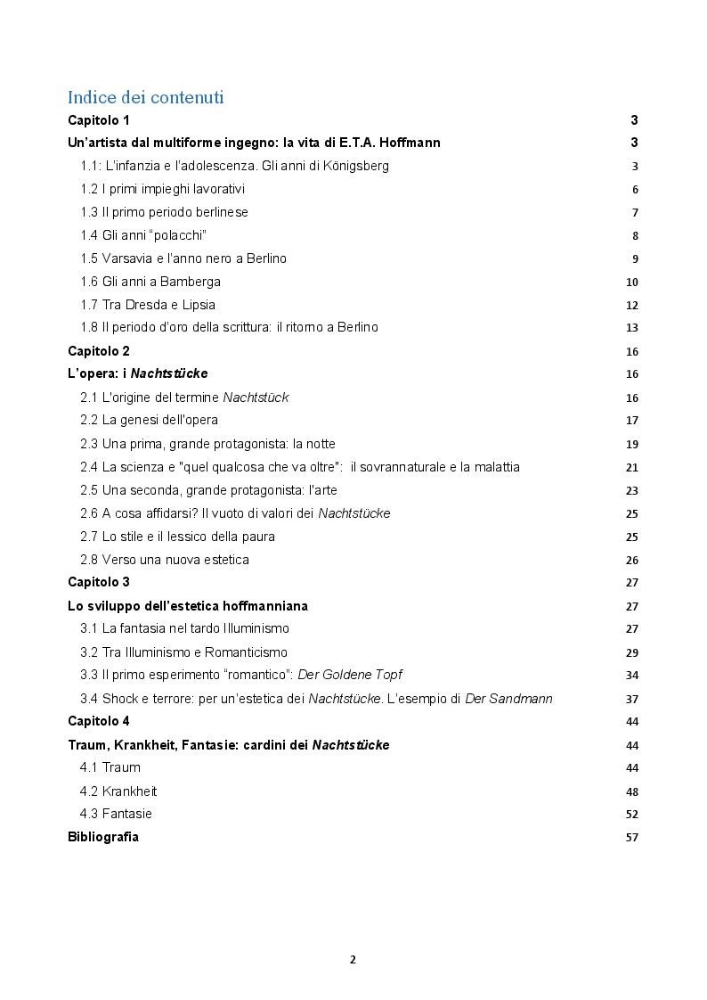 Indice della tesi: Traum. Krankheit. Fantasie. Un'analisi filologica dei Nachtstücke di E.T.A. Hoffmann, Pagina 1