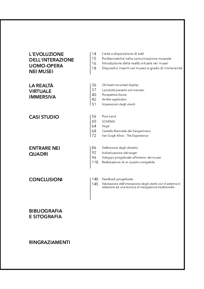 Indice della tesi: L’immersività nell’arte - La realtà virtuale come mezzo di comunicazione nei musei, Pagina 1