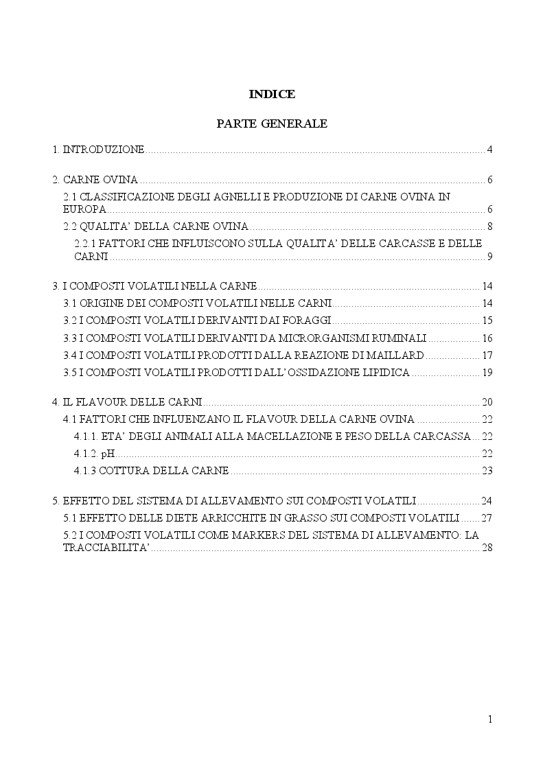 Indice della tesi: Effetti dell'orario di pascolamento sui composti volatili del grasso perirenale di agnello, Pagina 1