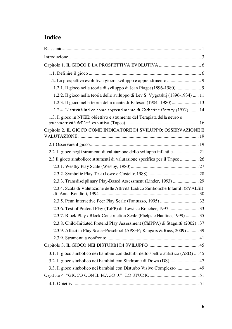 Indice della tesi: Giochiamo con il mago: studio per la validazione di uno strumento per valutare il gioco simbolico in età evolutiva, Pagina 1