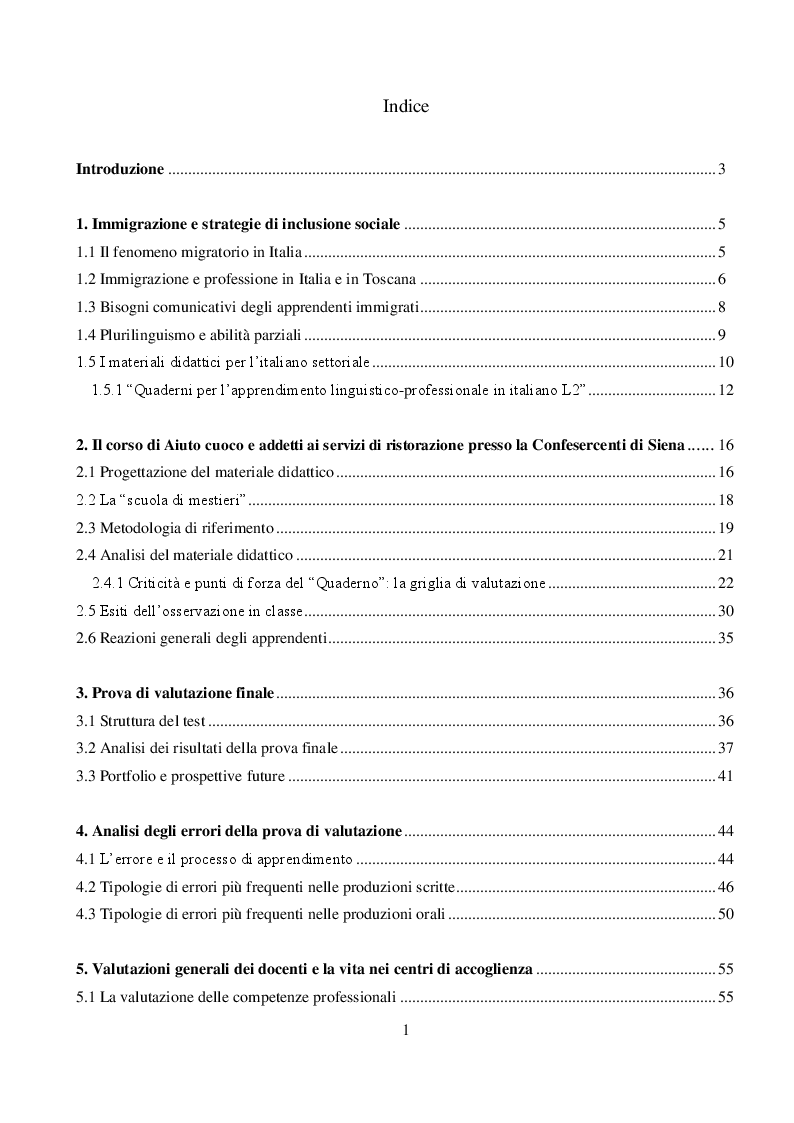 Indice della tesi: IMPARARE FACENDO: Sperimentazione e analisi del corso linguistico-professionale per migranti - Aiuto cuoco e addetti ai servizi di ristorazione, Pagina 1