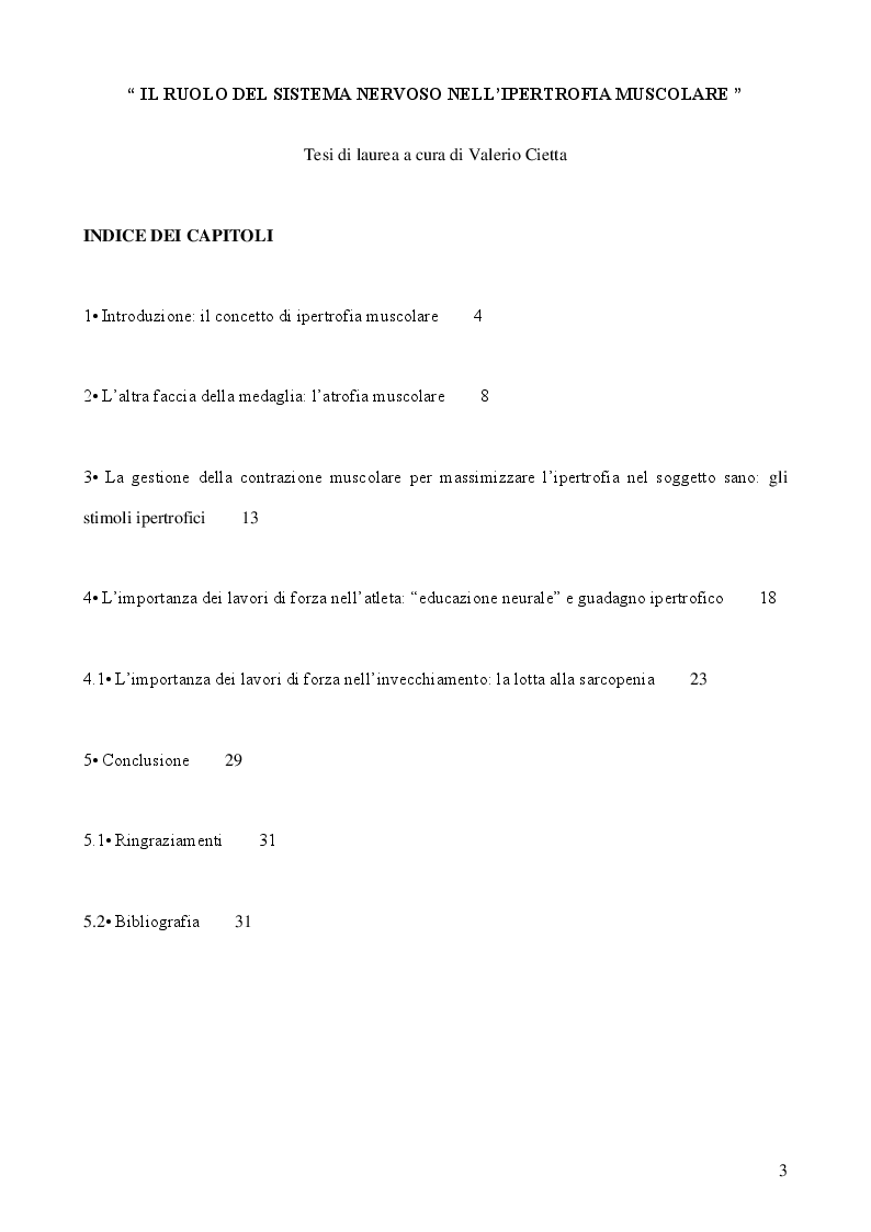 Indice della tesi: Il ruolo del sistema nervoso nell'ipertrofia muscolare, Pagina 1