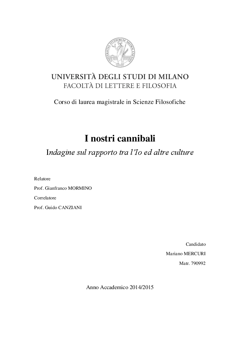 Anteprima della tesi: I nostri cannibali - Indagine sul rapporto tra l’Io ed altre culture, Pagina 1