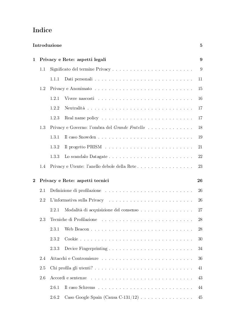 Indice della tesi: Proteggere la Privacy e i dati personali: analisi e studio del concetto di profilazione online, Pagina 1