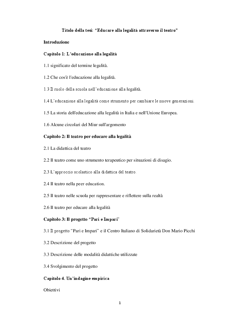 Indice della tesi: Educare alla legalità attraverso il teatro, Pagina 1