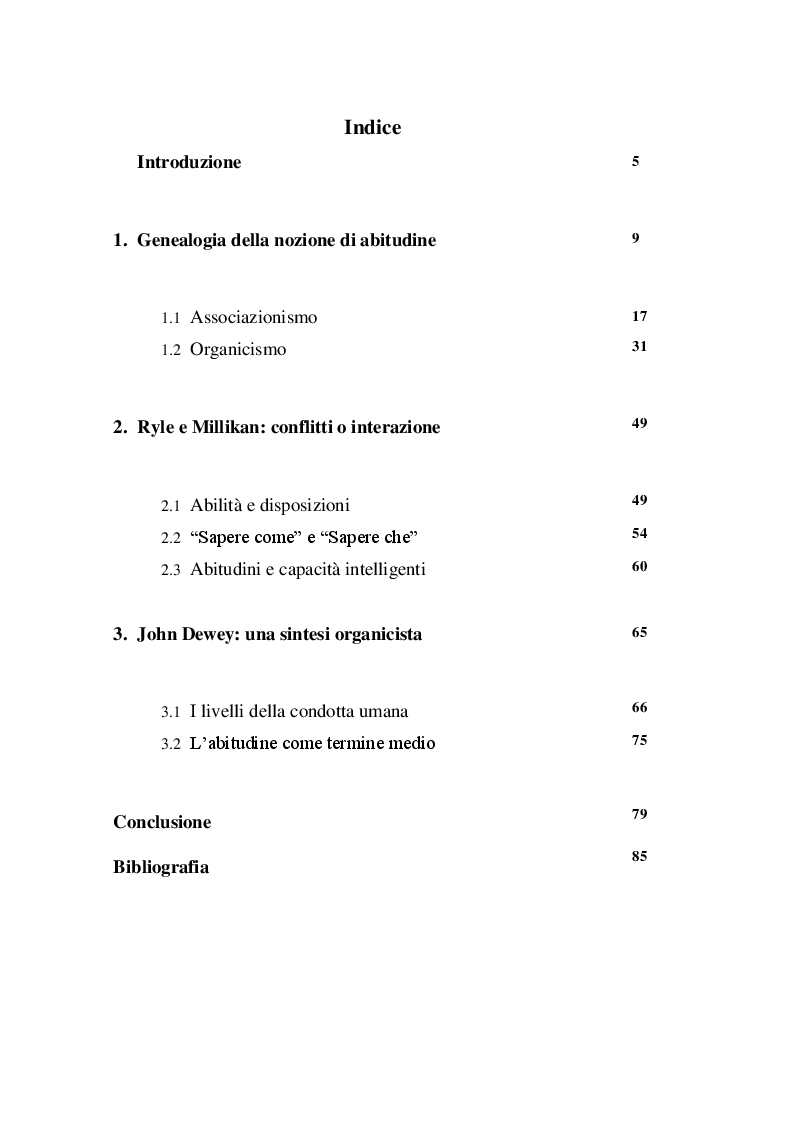 Indice della tesi: Il concetto di abitudine oltre la dicotomia tra associazionismo ed organicismo, Pagina 1