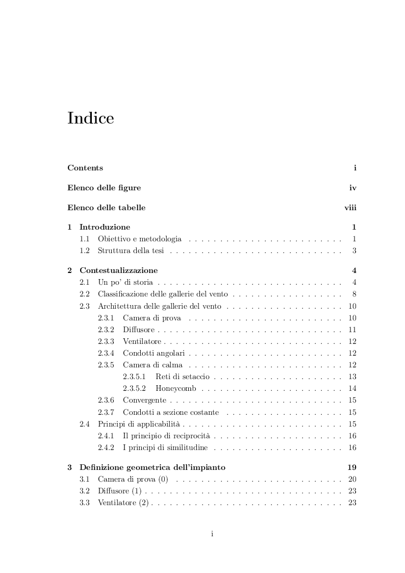 Indice della tesi: Progettazione aerodinamica di una galleria del vento, Pagina 1