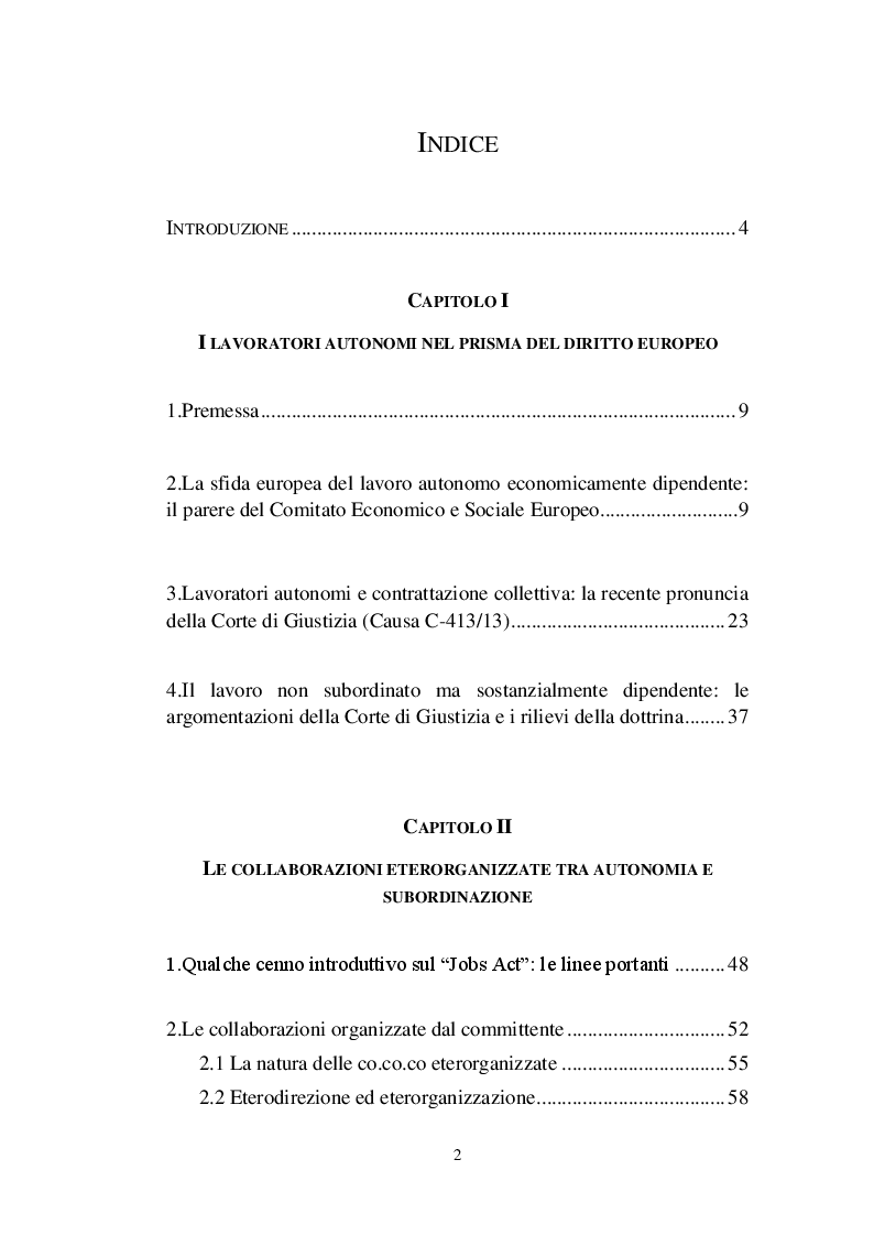 Indice della tesi: Il lavoro economicamente dipendente: riconoscimenti e prospettive, Pagina 1