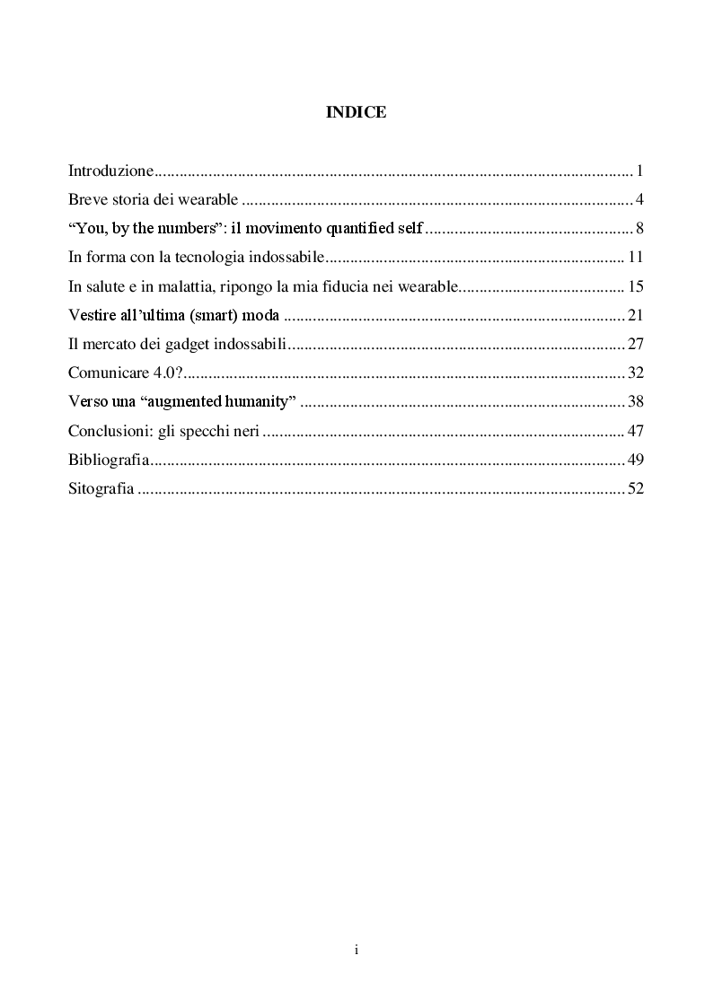 Indice della tesi: Effetti della wearable technology su comunicazione e società, Pagina 1