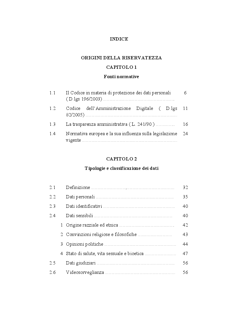 Indice della tesi: La tutela dei dati nella pubblica amministrazione, Pagina 1