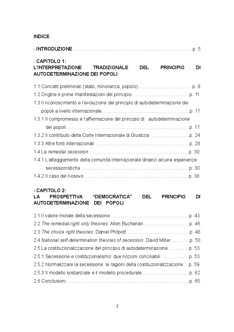 Indice della tesi: Prospettive evolutive del principio di autodeterminazione dei popoli: l'utilizzo dello strumento referendario come mezzo risolutivo delle rivendicazioni secessionistiche, Pagina 1