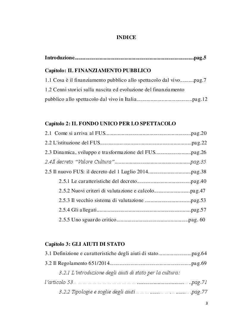 Indice della tesi: Nuove prospettive dei finanziamenti allo spettacolo: Europa, Stato, Regione, Pagina 1