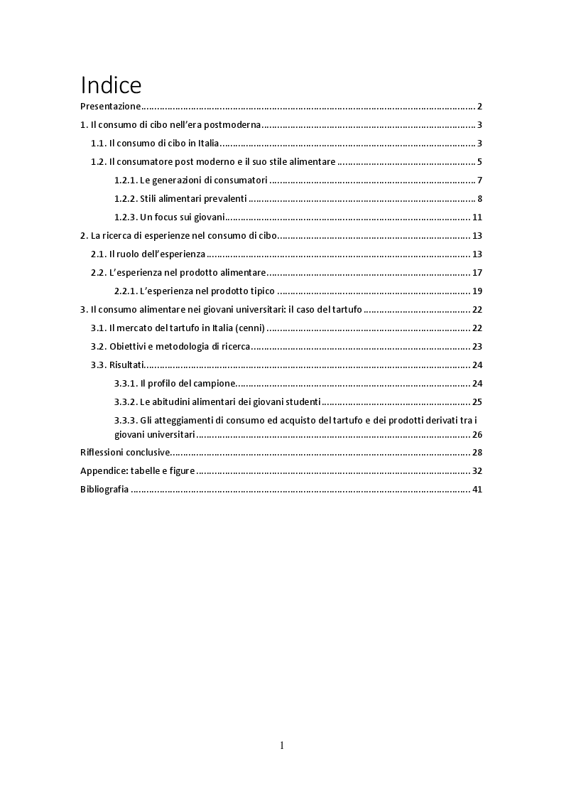 Indice della tesi: Il consumatore postmoderno e il marketing esperienziale. Il caso del tartufo., Pagina 1