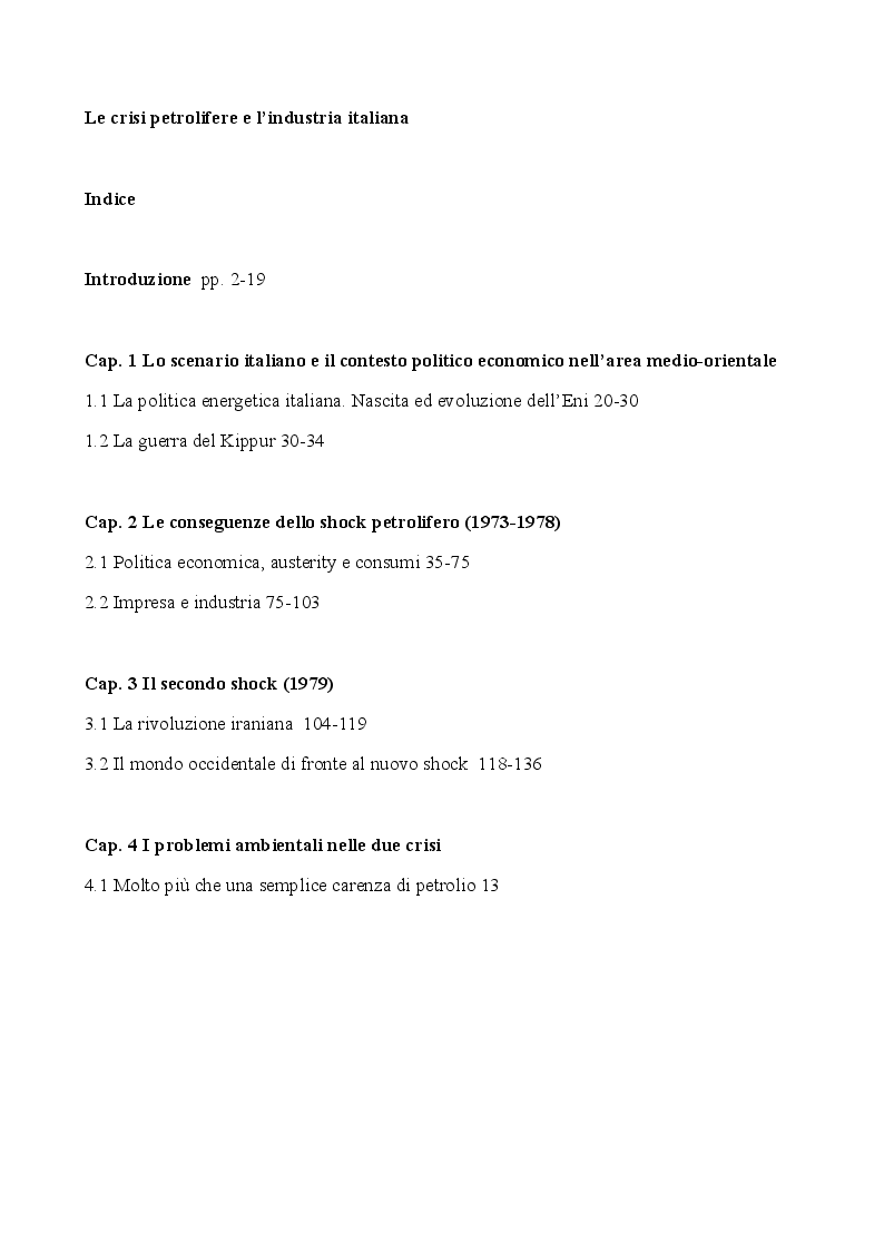 Indice della tesi: Le crisi petrolifere e l'industria italiana, Pagina 1