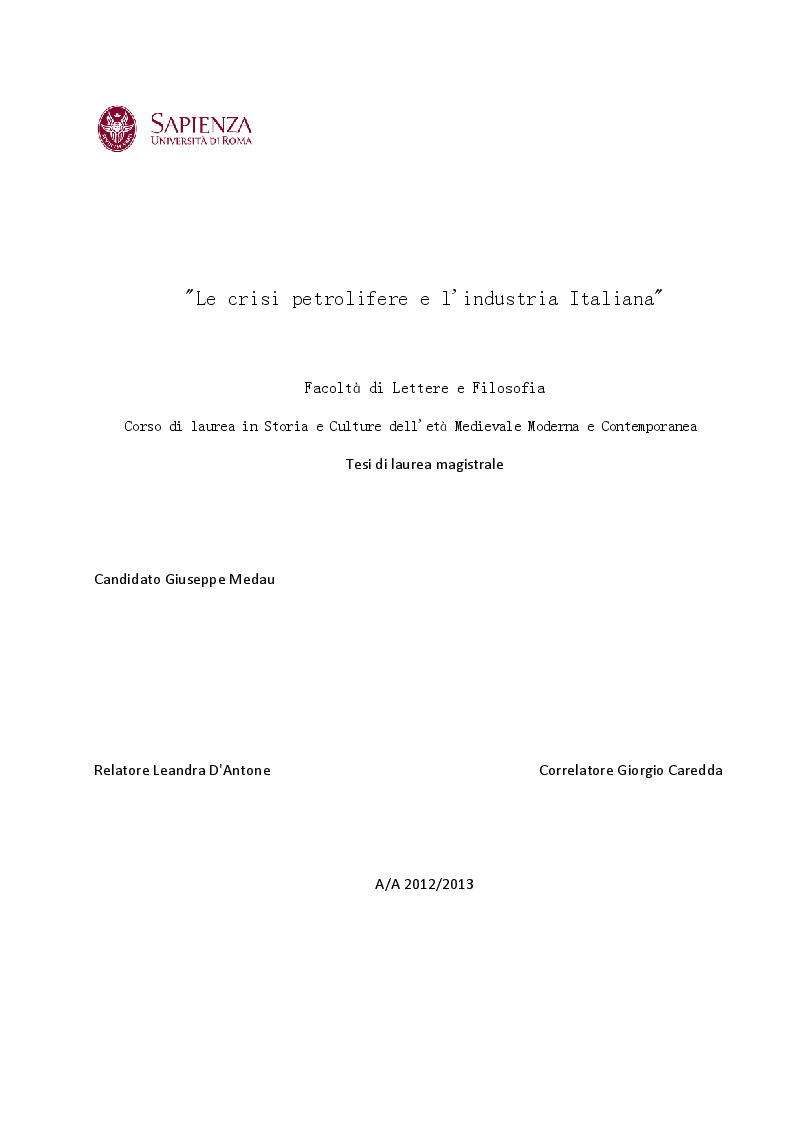 Anteprima della tesi: Le crisi petrolifere e l'industria italiana, Pagina 1