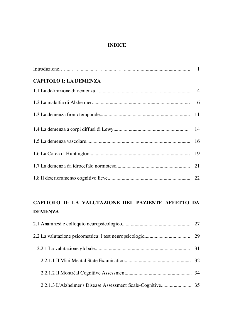 Indice della tesi: Strumenti di valutazione neuropsicologica della demenza, Pagina 1