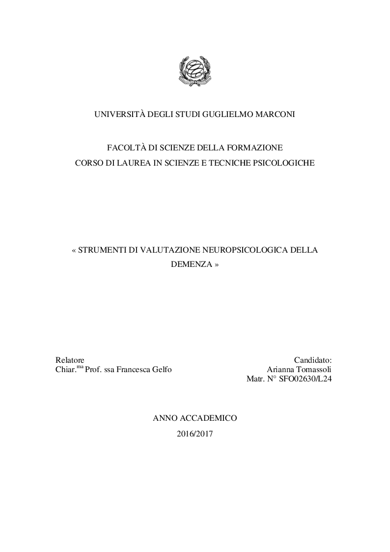 Anteprima della tesi: Strumenti di valutazione neuropsicologica della demenza, Pagina 1