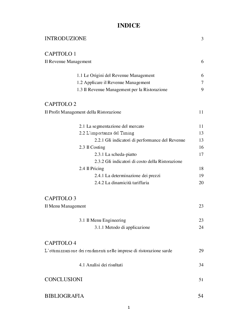 Indice della tesi: L'ottimizzazione dei rendimenti nelle imprese di ristorazione + caso Sardegna , Pagina 1