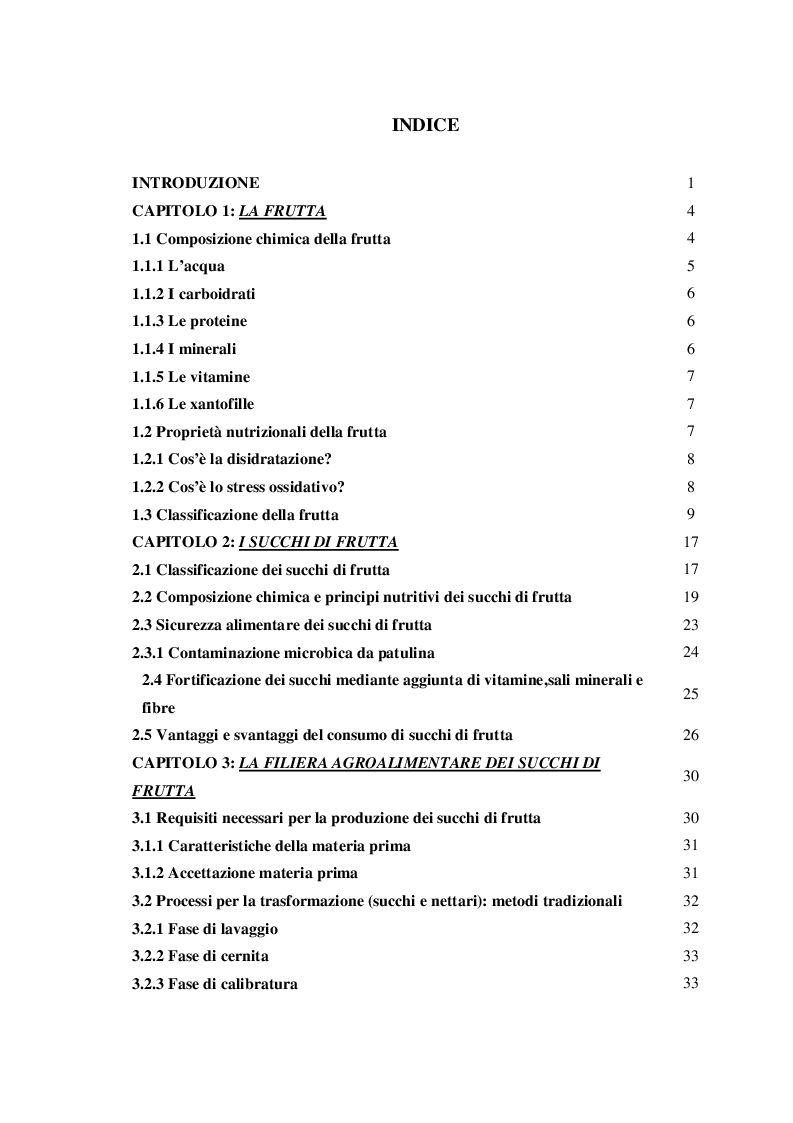 Indice della tesi: Tecnologie innovative per la produzione di bevande funzionali: i Succhi di Frutta, Pagina 1