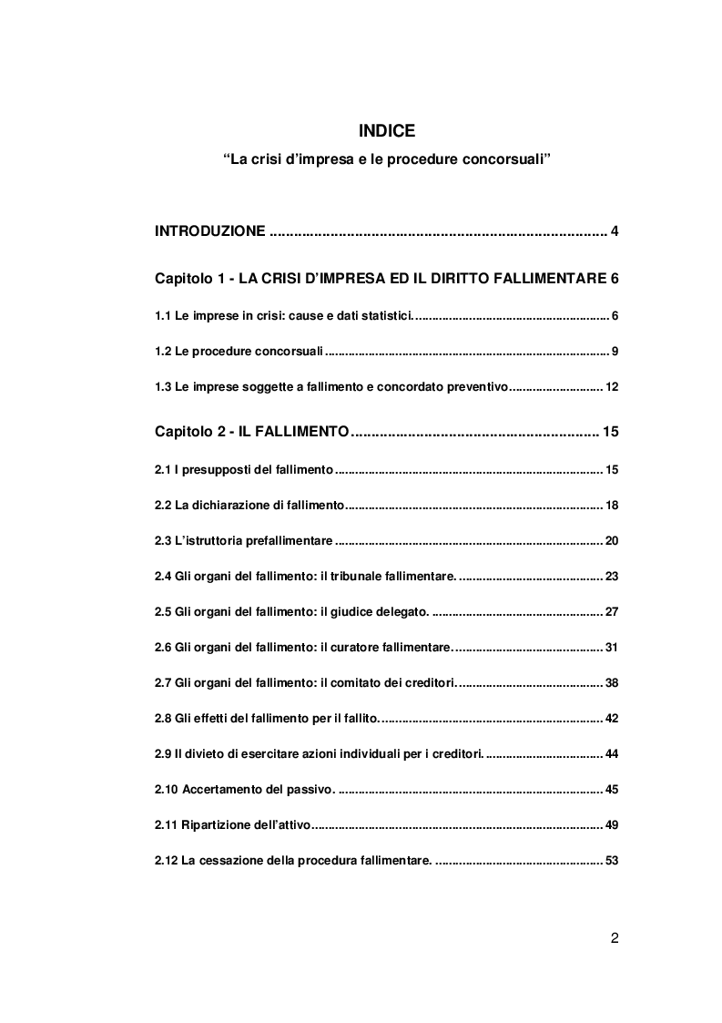 Indice della tesi: La crisi d'impresa e le procedure concorsuali, Pagina 1