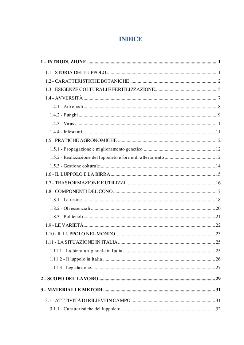 Indice della tesi: Gestione colturale e caratteristiche quanti-qualitative del luppolo in Piemonte: prove preliminari, Pagina 1