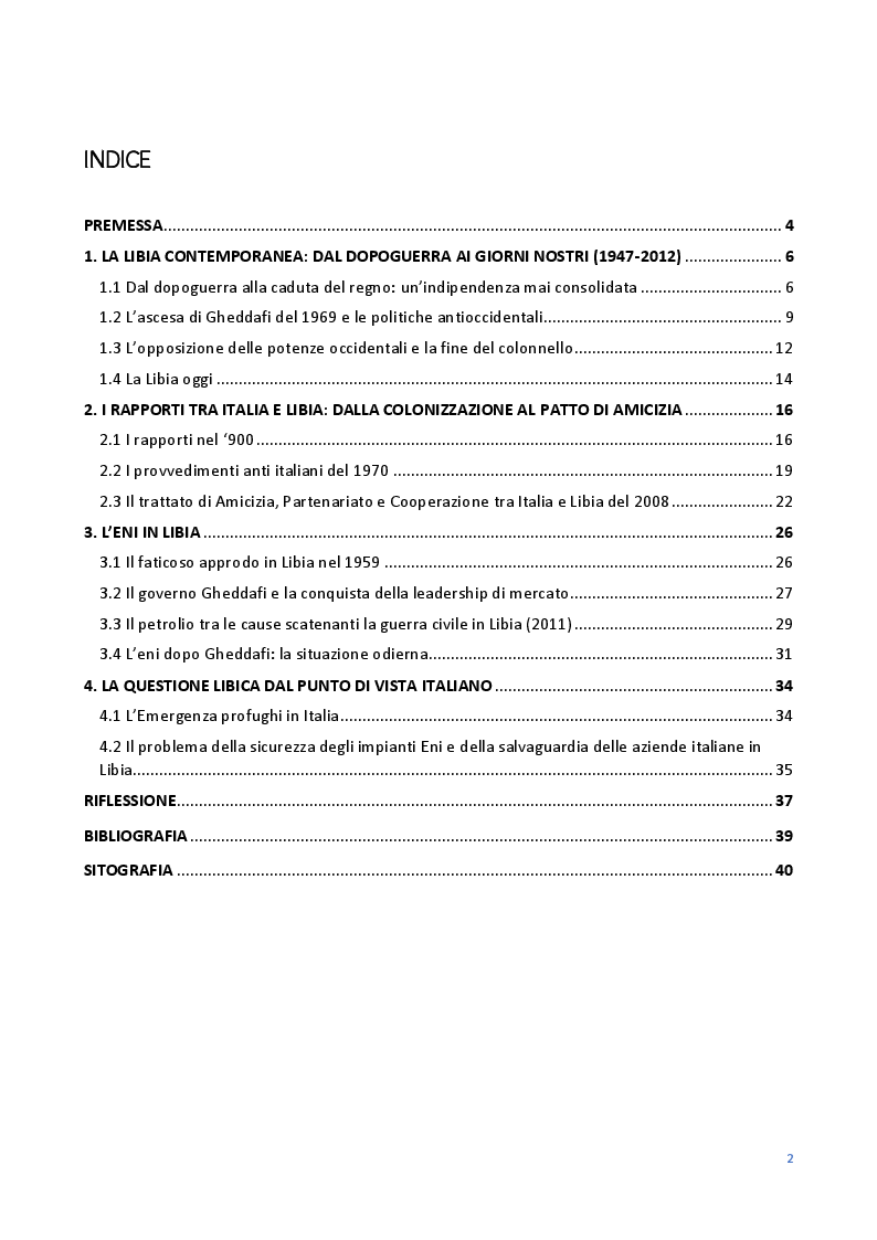 Indice della tesi: Le Relazioni economiche tra Italia e Libia dal secondo dopoguerra al regime di Gheddafi (1947-2012), Pagina 1