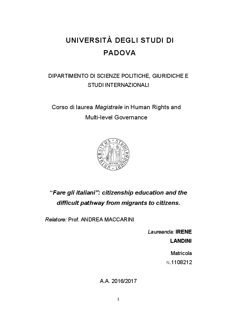 Anteprima della tesi: ''Fare gli italiani'': citizenship education and the difficult pathway from migrants to citizens, Pagina 1