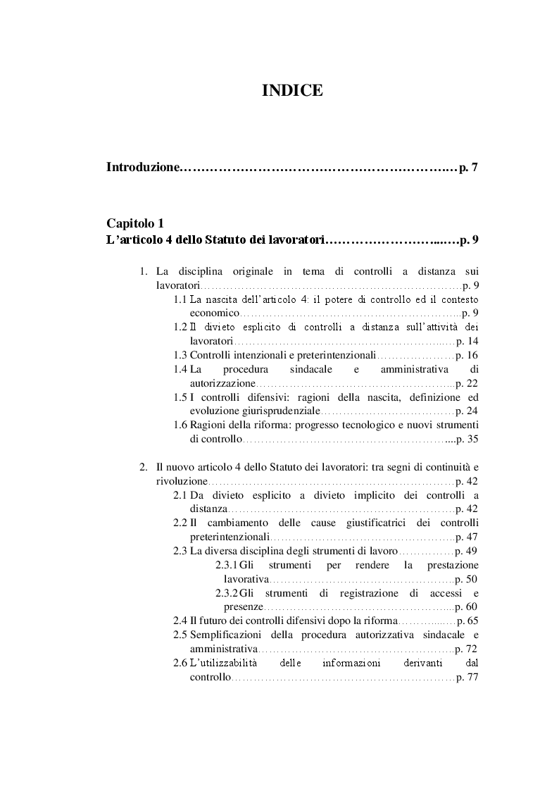 Indice della tesi: Il controllo a distanza sul lavoratore e l'interazione tra disciplina giuslavorista e normativa sulla privacy, Pagina 1