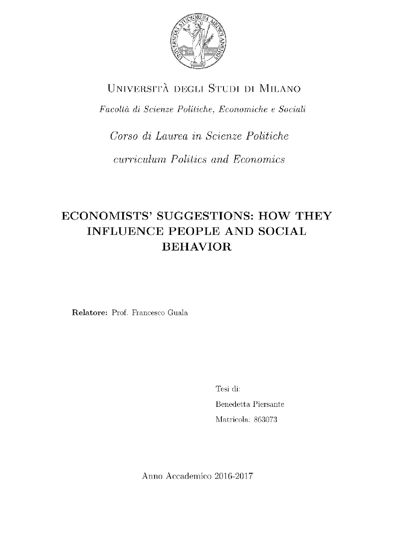 Anteprima della tesi: Economists' suggestions: how they influence people and social behavior, Pagina 1