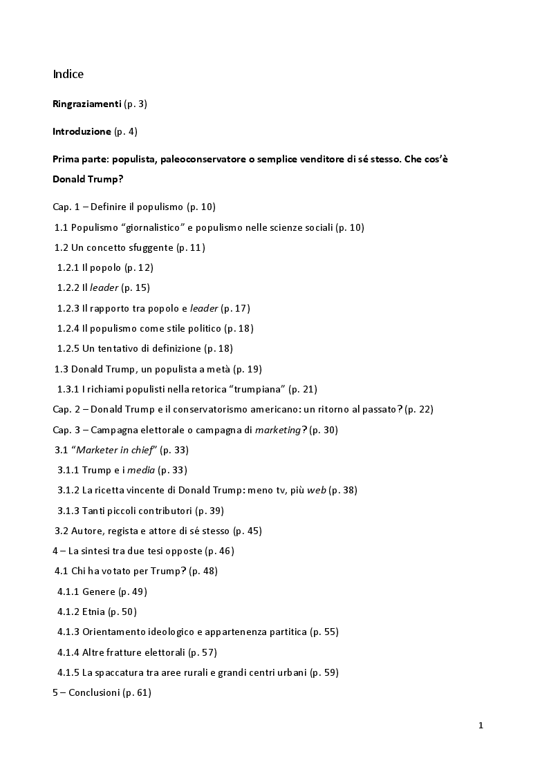 Indice della tesi: Oltre il “populismo”? La campagna elettorale di Donald Trump: un’analisi politica e delle strategie comunicative, Pagina 1