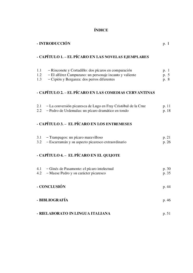 Indice della tesi: El Pícaro Cervantino, Pagina 1
