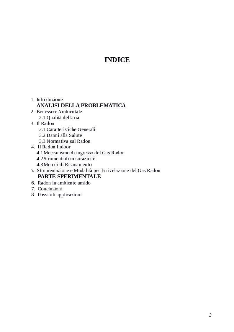 Indice della tesi: Studio sperimentale delle correlazioni esistenti tra i parametri ambientali e la concentrazione del Radon in ambienti umidi, Pagina 1